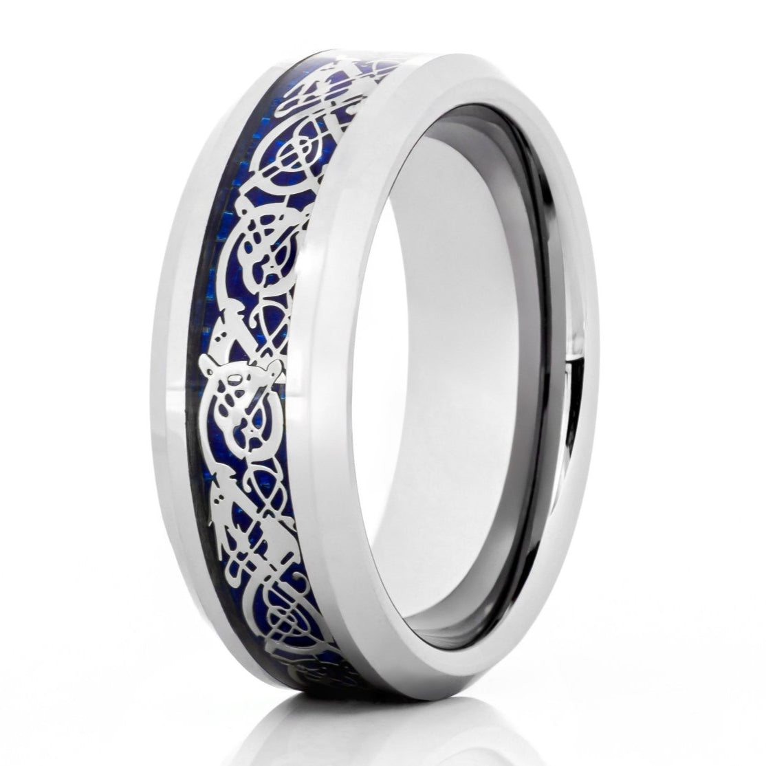 The Howitzer, a silver tungsten carbide ring with a polished finish and a blue celtic cut inlay.