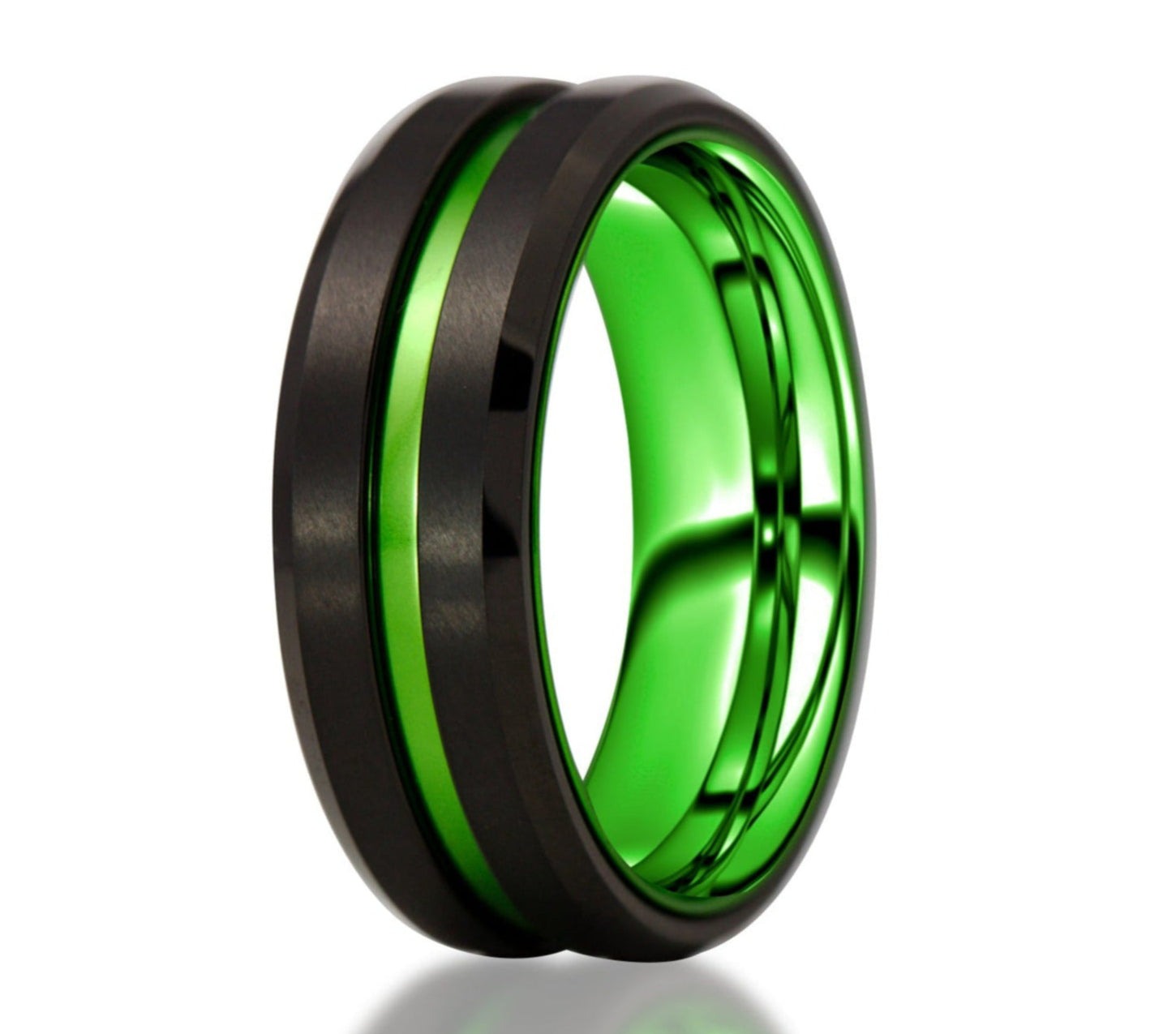 The Hulk, a black tungsten ring with a brushed center and polished edges that features a green, grooved center and a green aluminum sleeve.