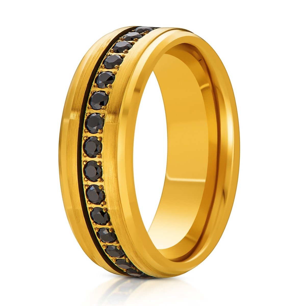 The Imperium, a 8mm gold tungsten ring with a brushed center and polished beveled edges that features black CZ diamonds along the center.