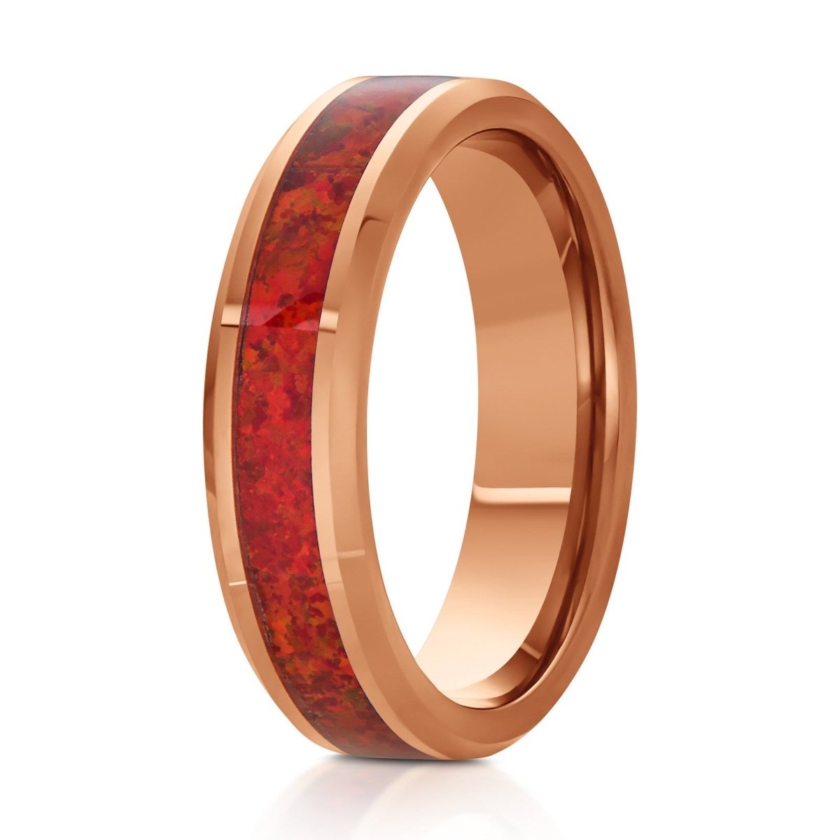 The Inferno, a 6mm rose gold tungsten ring with a polished finish and a fire red opal inlay in the center.
