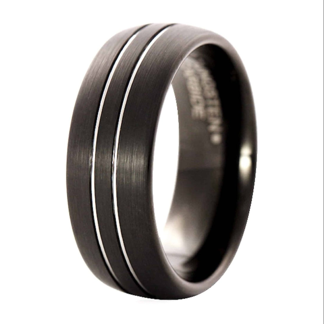 The Infinity, a black tungsten carbide ring that features a brushed finish and a double double-striped silver groove in the center.