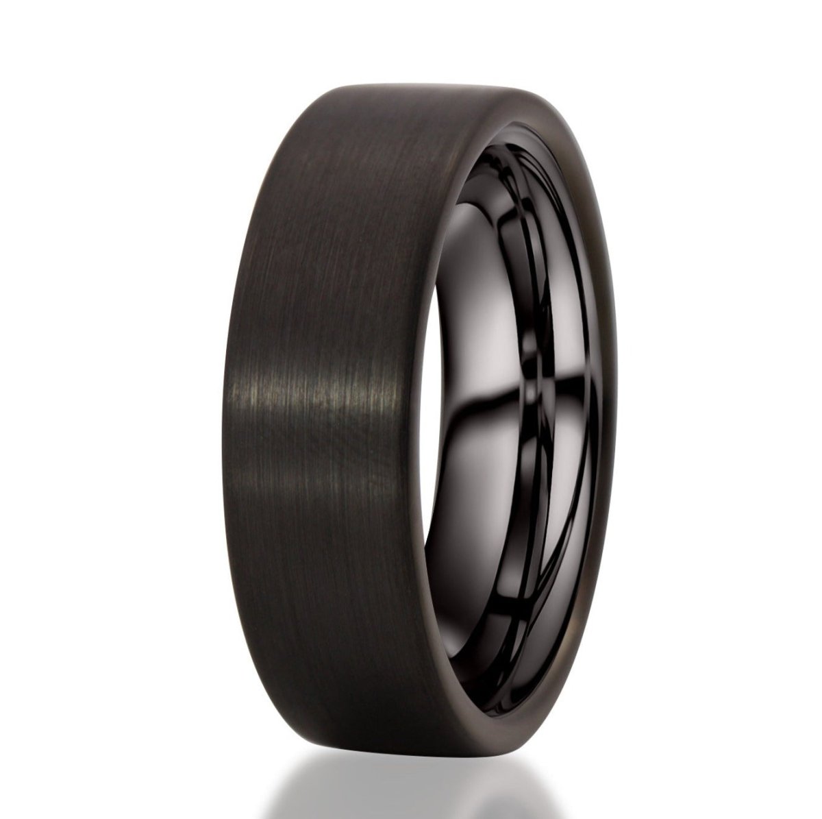 The Instigator, a 7mm black tungsten pipe cut ring that features a brushed finish.