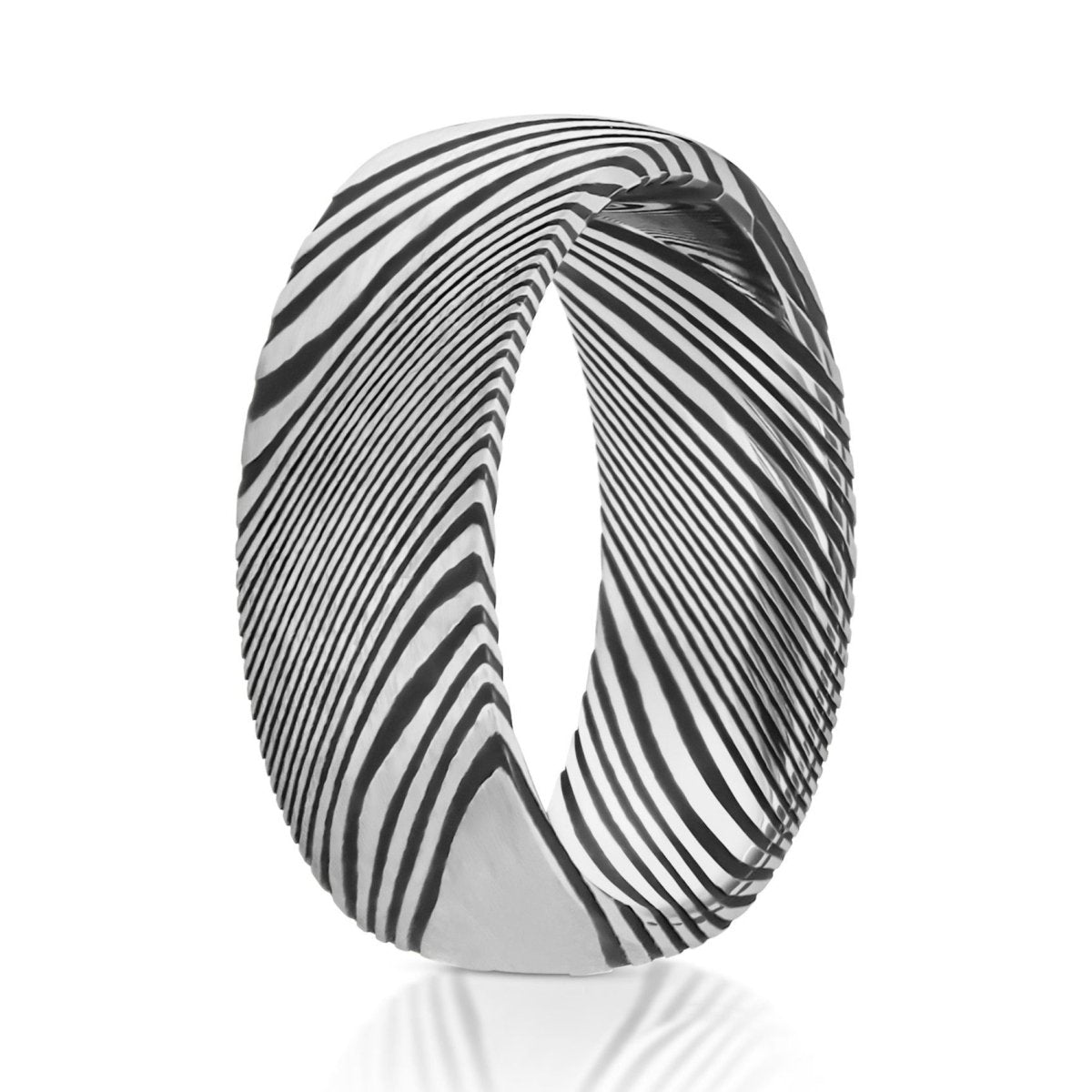 The Ironwood, a 8mm stainless steel damascus ring that features 2 types of steel forged together that form unique and distinct patterns and give it a wood grain textured pattern.