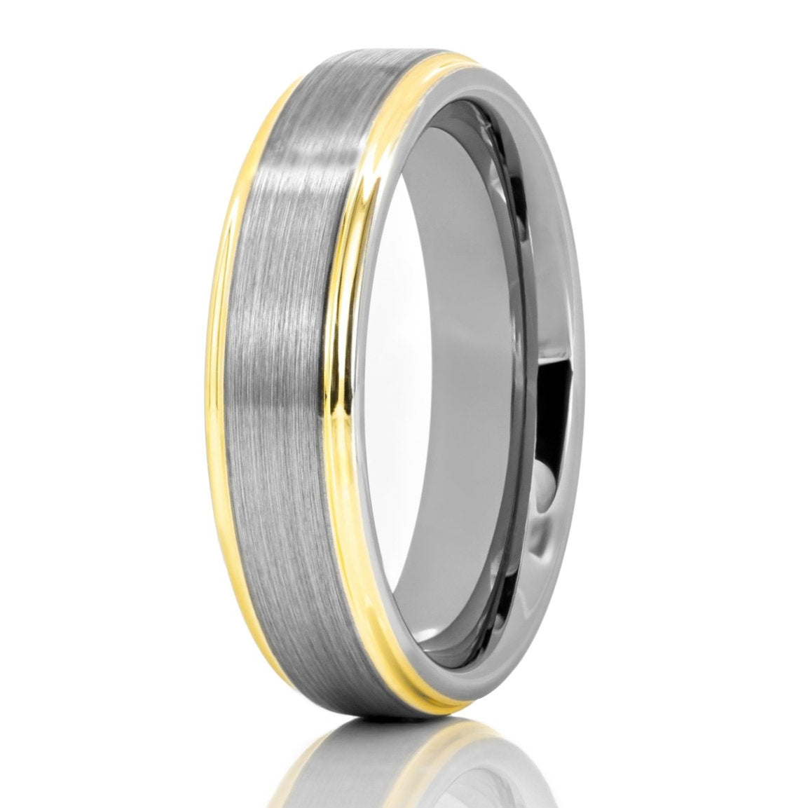 The Jacques, a silver scratch-resistant tungsten carbide ring that features a brushed center and polished gold beveled edges.