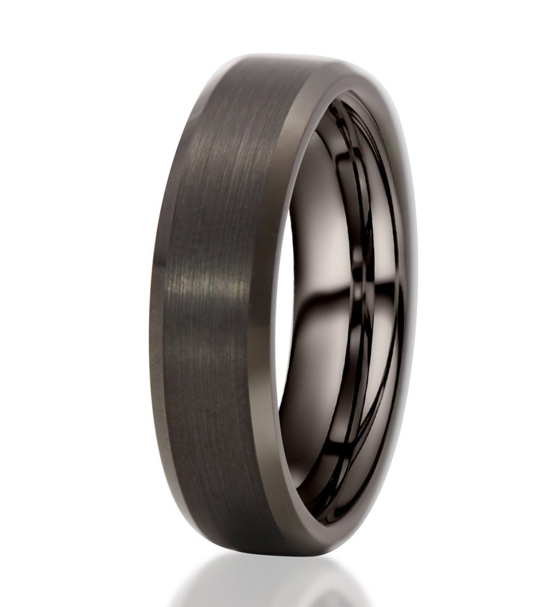 The Jasper, a 6mm black tungsten carbide ring that features a brushed finish center and polished edges.