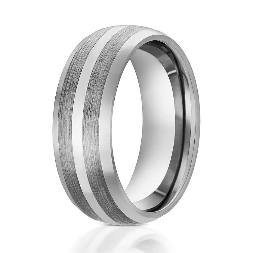 The Jorgensen, a silver tungsten carbide wedding ring that features a brushed finished center with polished edges and center.