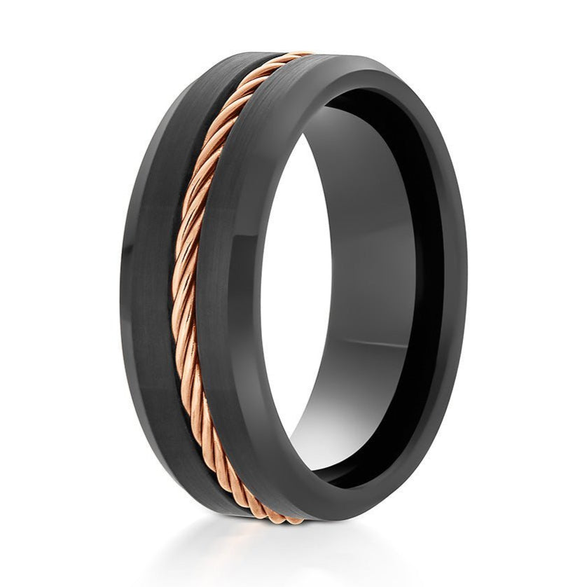 The Karim, a black tungsten carbide ring that features a brushed center and sleek, polished edges with a rose gold braided center.