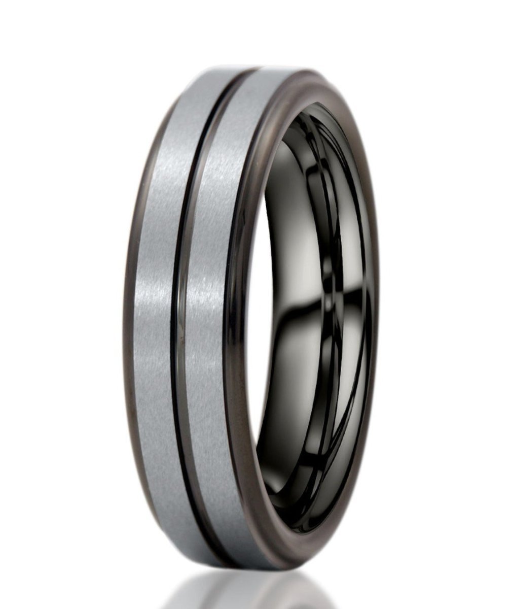 The Kingsley, a black and gray tungsten carbide scratch-resistant ring with a brushed, gray center and polished black edges and band.