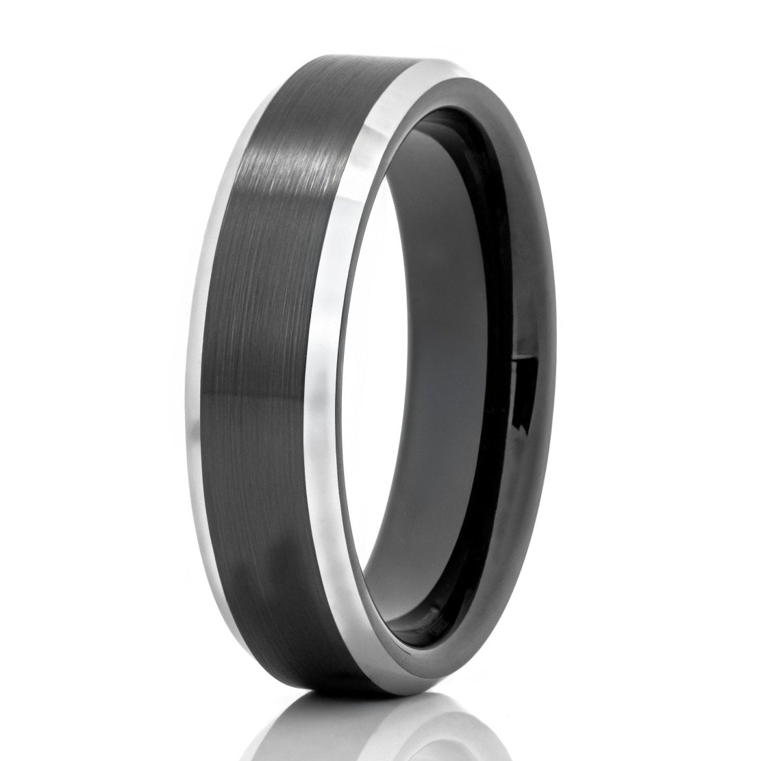 The Kye, a 6mm black and silver tungsten carbide scratch-resistant ring that features a brushed center and sleek, silver polished beveled edges.