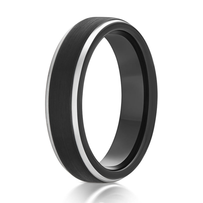 The Kylo, a 6mm black and silver tungsten carbide ring that features a black brushed center and sleek, silver, polished edges.