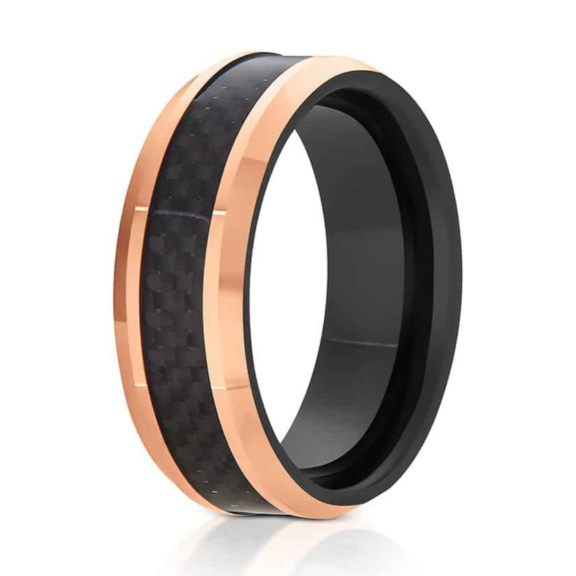 The Landers, a black and rose gold tungsten carbide scratch-resistant ring that features a polished finish and black carbon fiber inlay.