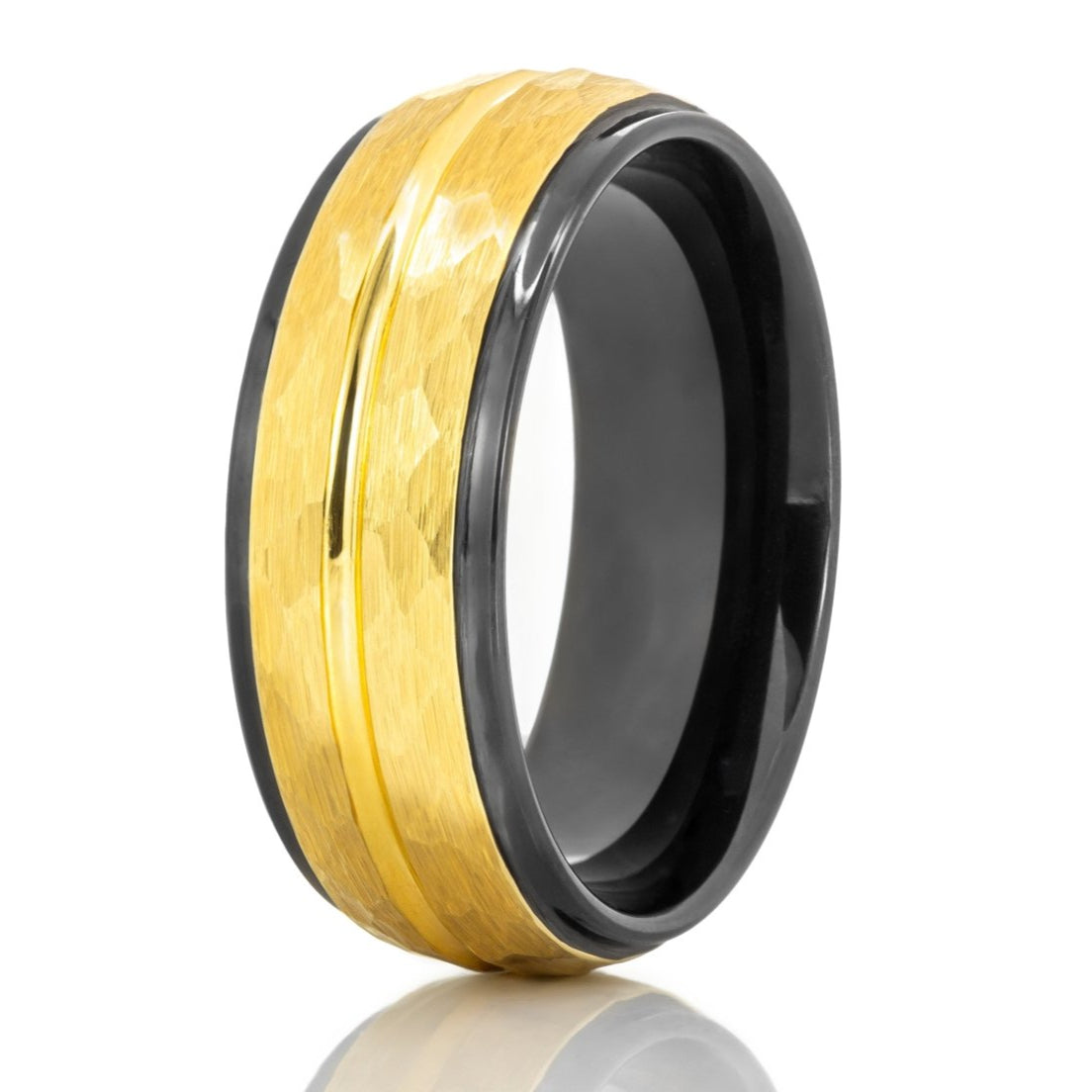 The Lassen, a 8mm black and gold tungsten ring with a hammered and brushed center and polished edges.