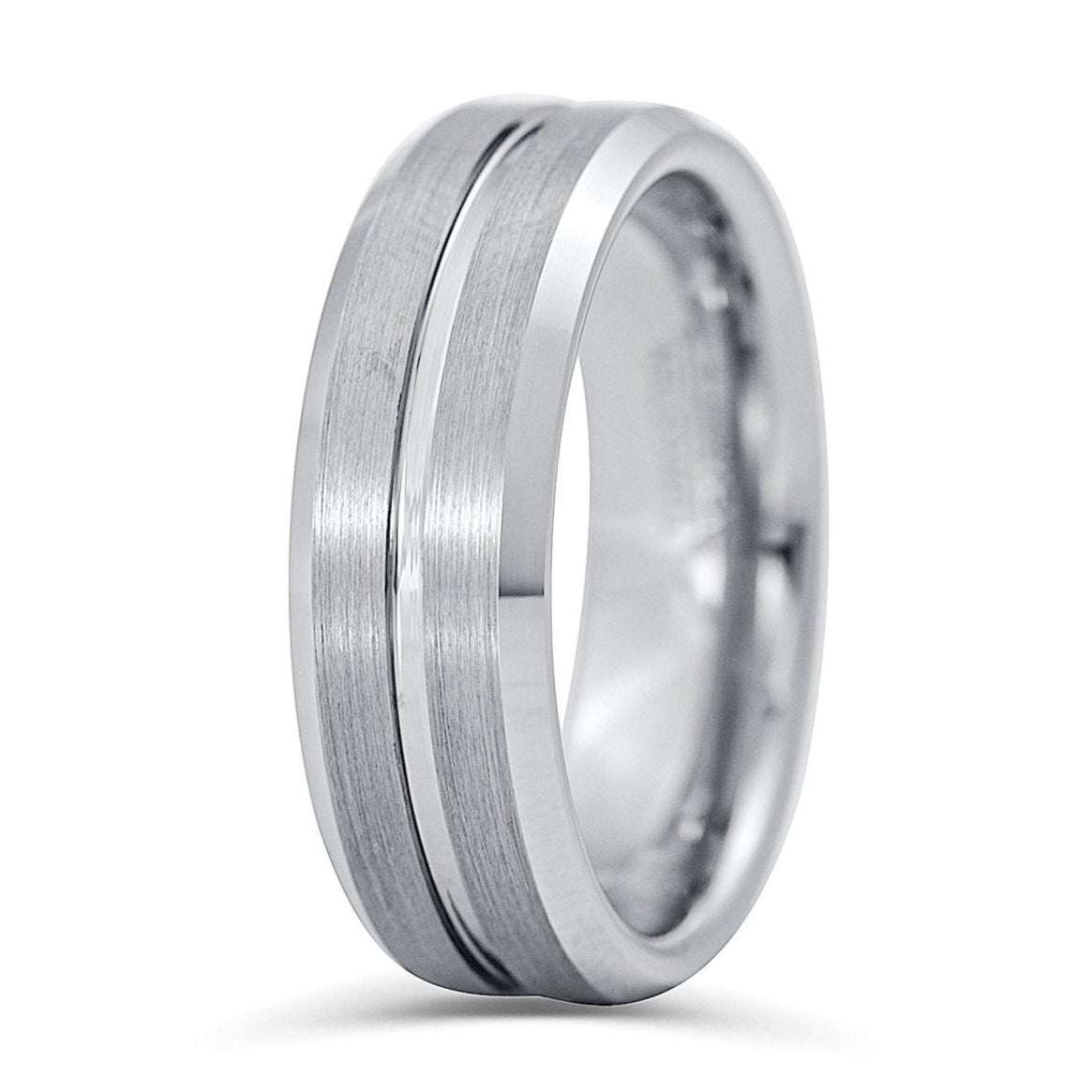 The Lecomte, a silver tungsten carbide ring that features a brushed center with polished groove and edges. Perfect as a wedding ring.