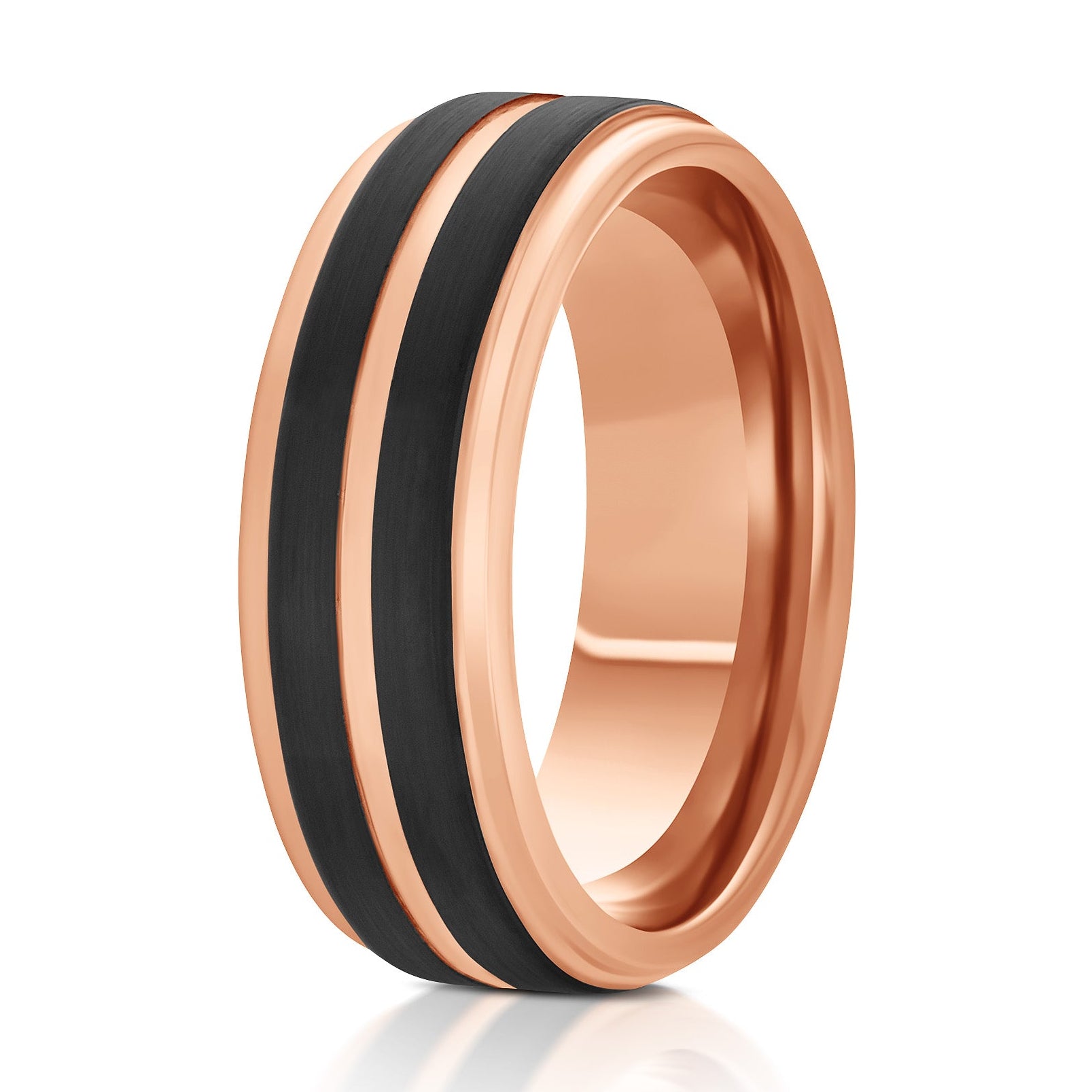 The Legion, a 8mm rose gold tungsten ring with a polished finish and black, brushed pinstripes in the center.