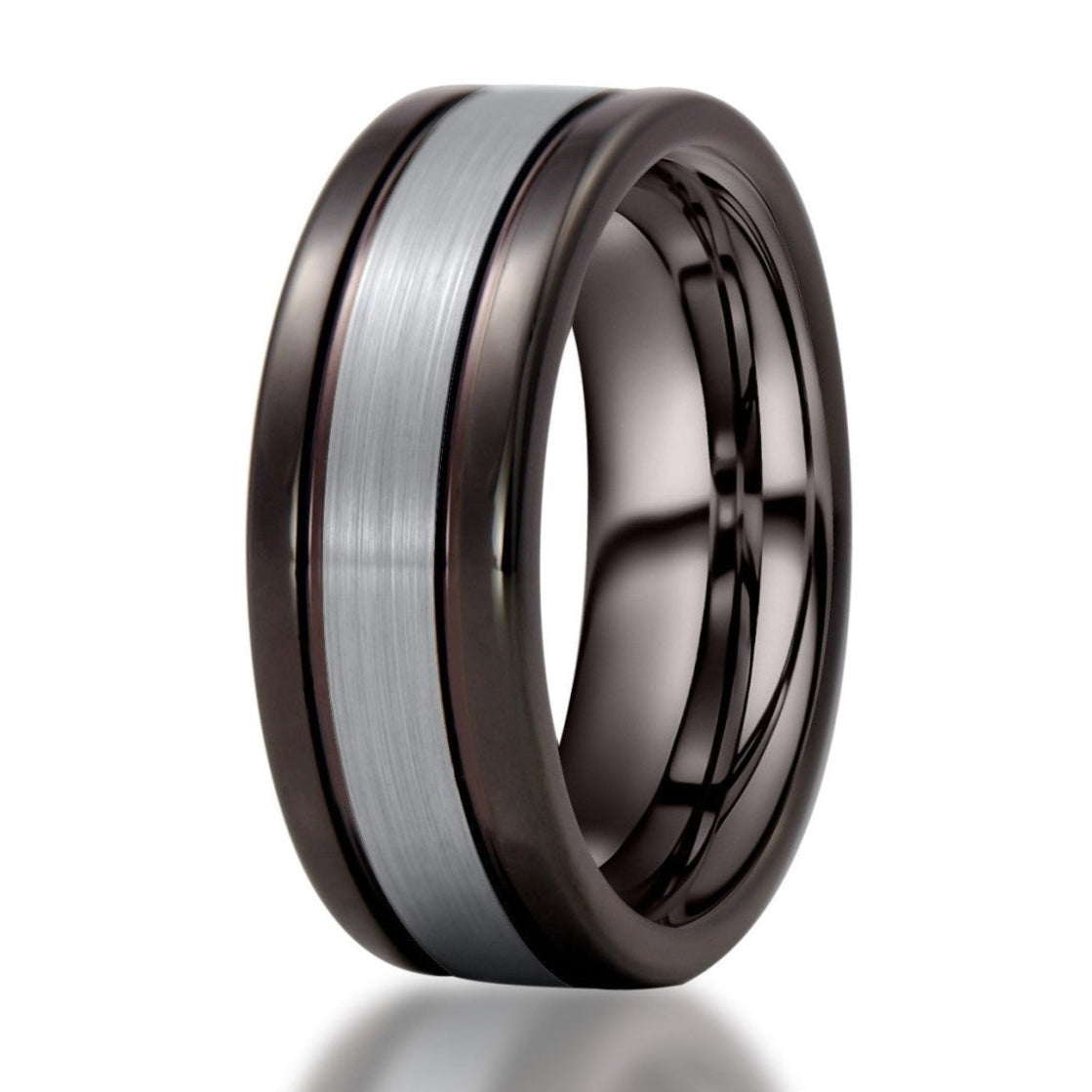 The Leif, a black, polished tungsten carbide scratch-resistant ring with a gray brushed center.