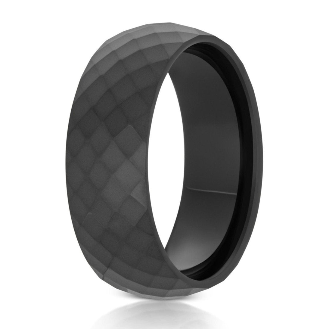 The Lightning, a black tungsten faceted ring that features a polished sleek black finish.