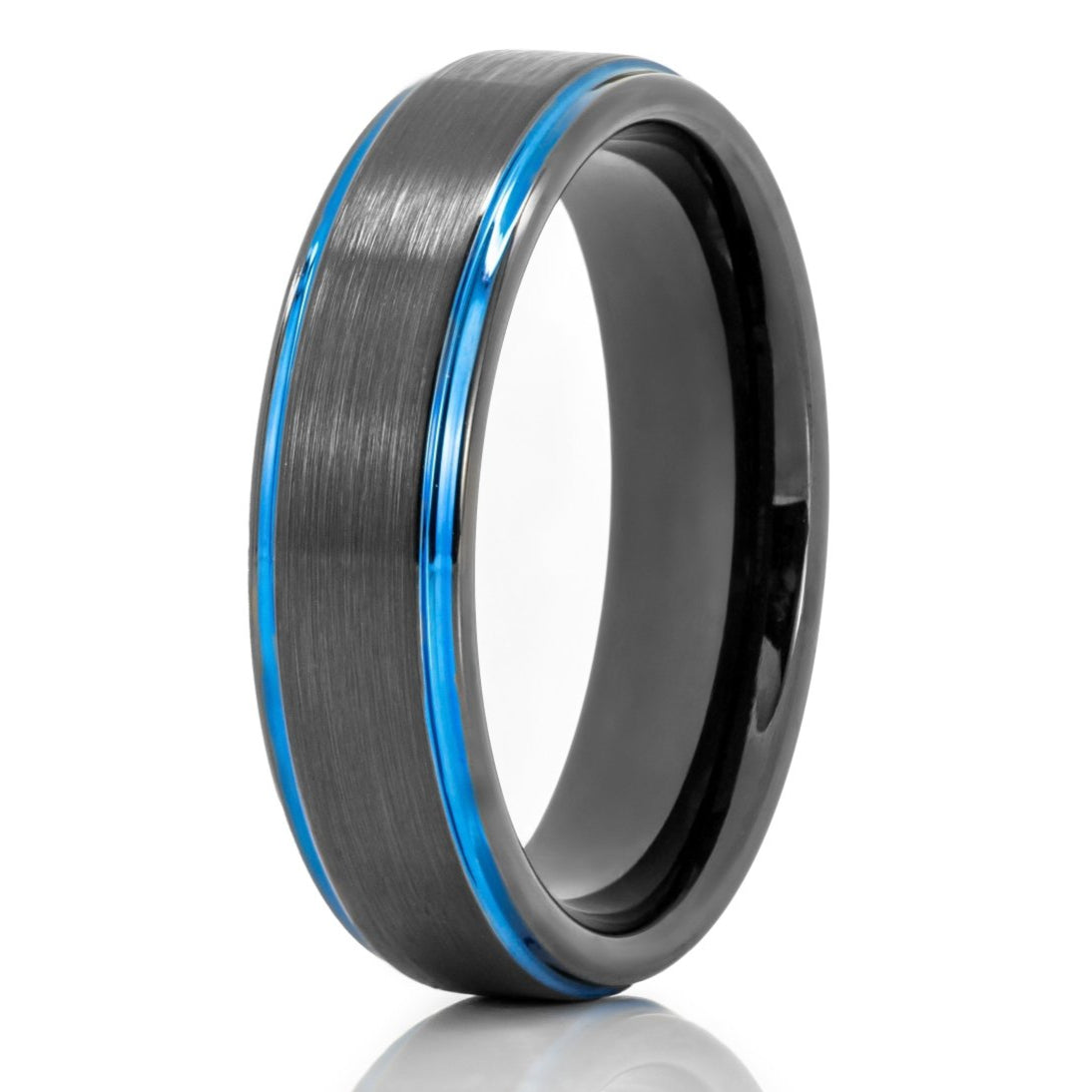 The Little Sur, a 6mm black tungsten ring with a brushed finish and sleek, polished blue edges and a polished black band.