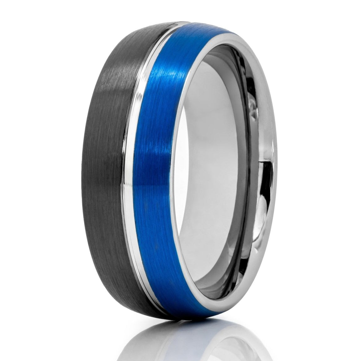 The Logan, a two-tone black and blue tungsten ring with a brushed finish that features a polished silver middle groove and silver inner band.