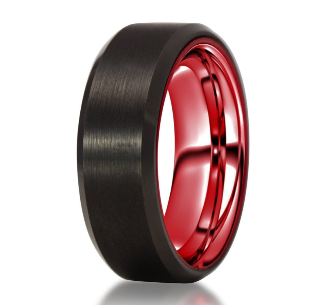 The Longtail, a black tungsten ring with a brushed center and polished edges that features a red, aluminum inner sleeve.