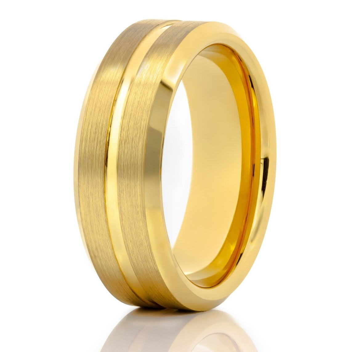 The Lord, a 8mm gold tungsten carbide scratch-resistant ring with a brushed center and polished edges and a grooved center.