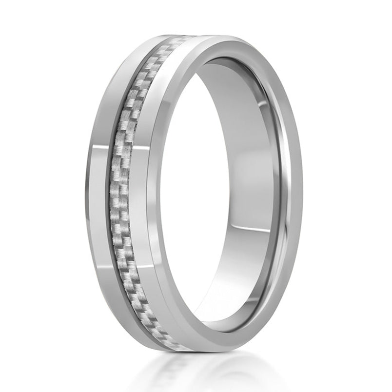 The Low, a 6mm silver tungsten carbide ring that features a sleek, polished finish and a gray carbon fiber inlay.