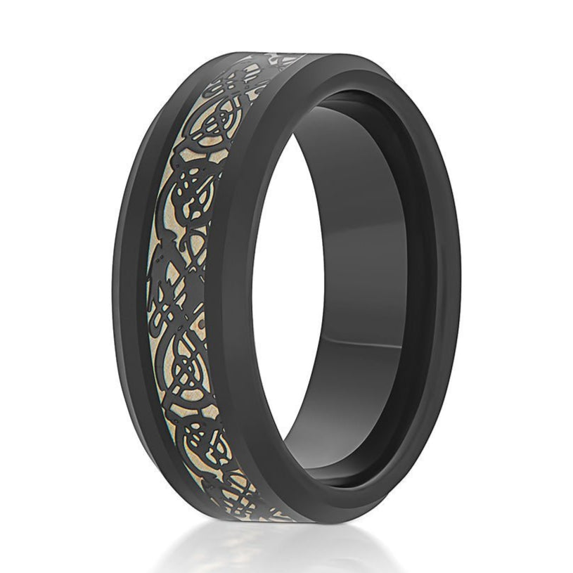 The Lynchburg, a black tungsten carbide scratch-resistant ring with a polished finish and Celtic cut inlay.