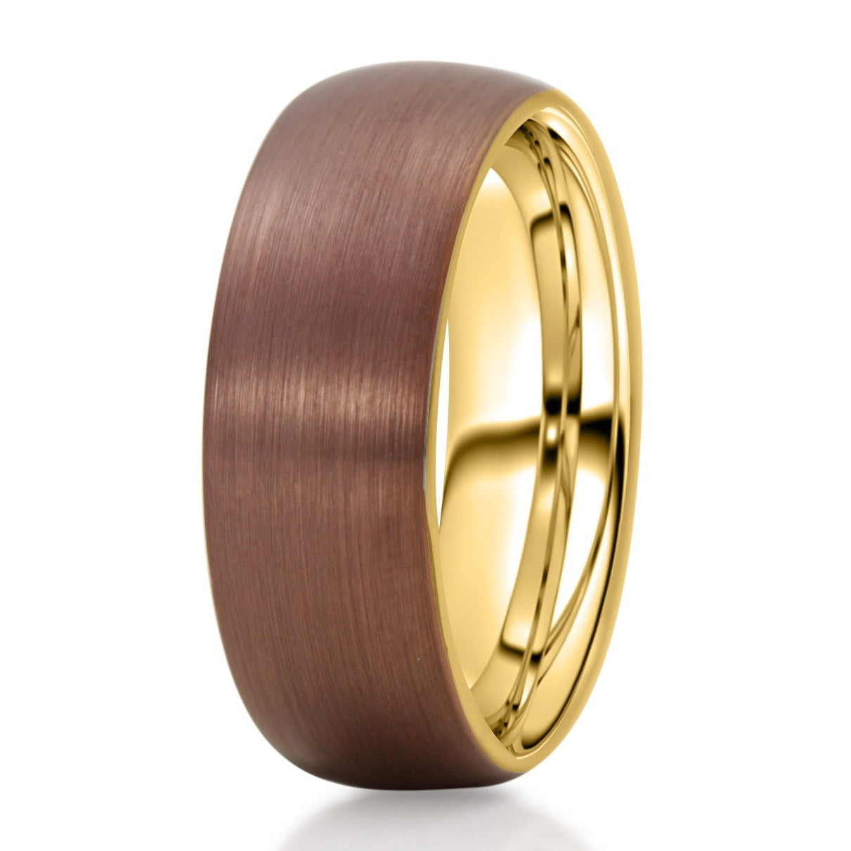 The Magellan, a 8mm brown tungsten carbide ring that features a brushed finish and a rose gold band.