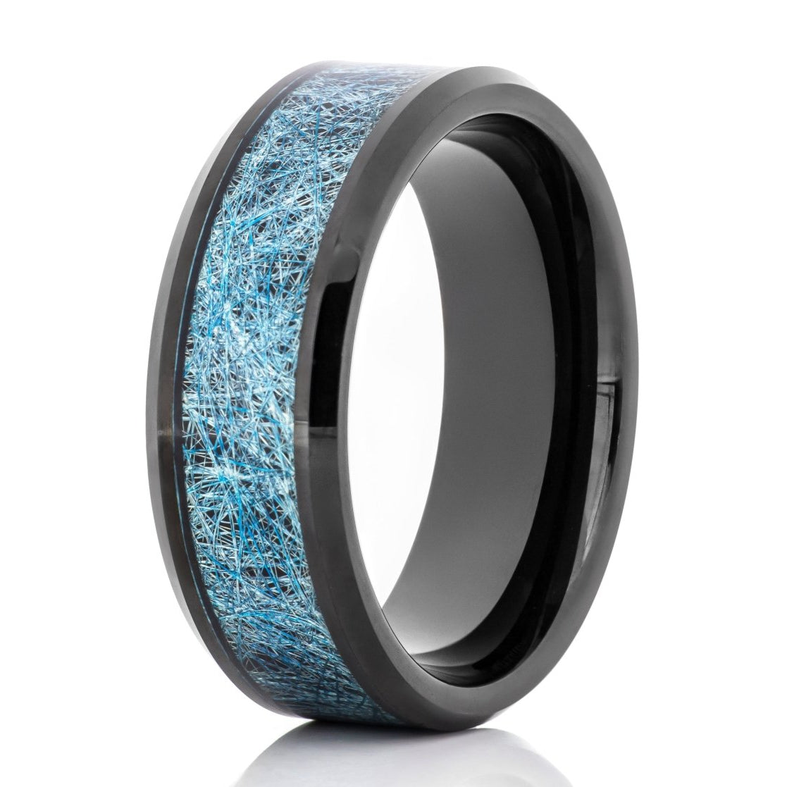 The Malone, a 8mm black tungsten carbide ring with a polished finish that features a blue silk thread inlay.