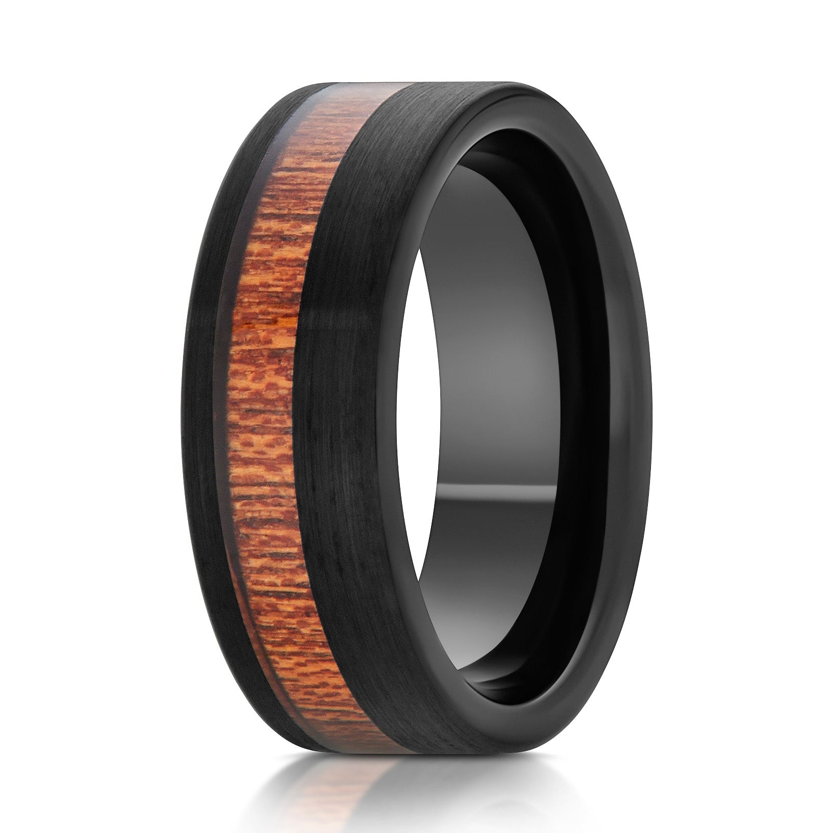 The Marauder, a 8mm black tungsten ring with a brushed finish and a koa wood inlay.