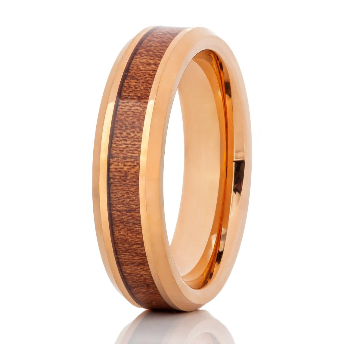 The Mauve, a 6mm rose gold tungsten ring that features a polished finish and a wood inlay.