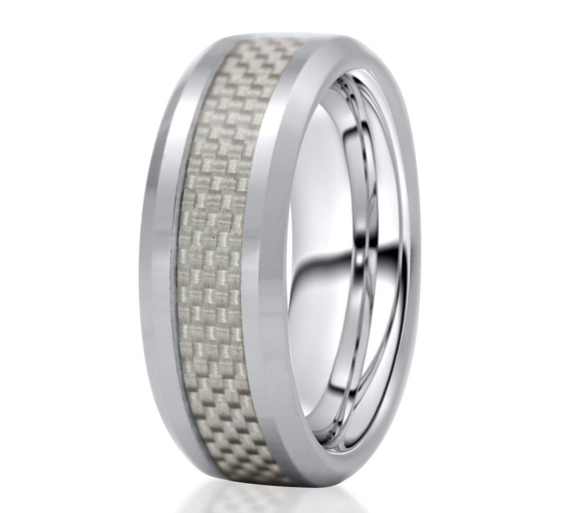 The McCartin, a silver polished scratch resistant tungsten ring that features a polished finish and gray carbon fiber inlay.
