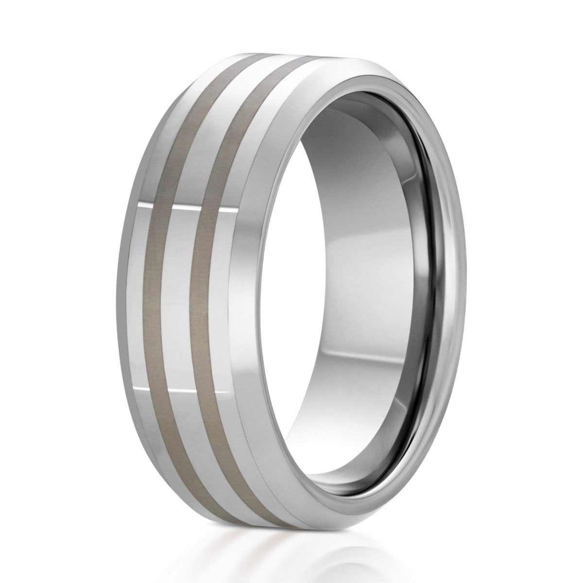 The Meridian, a 8mm silver tungsten scratch-resistant ring with a polished finish, beveled edges, and two laser engraved lines in the center.