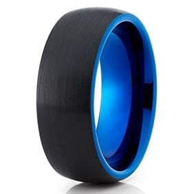 The Mesa Verde, a 8mm black tungsten carbide ring that has a brushed finish and a polished blue band.