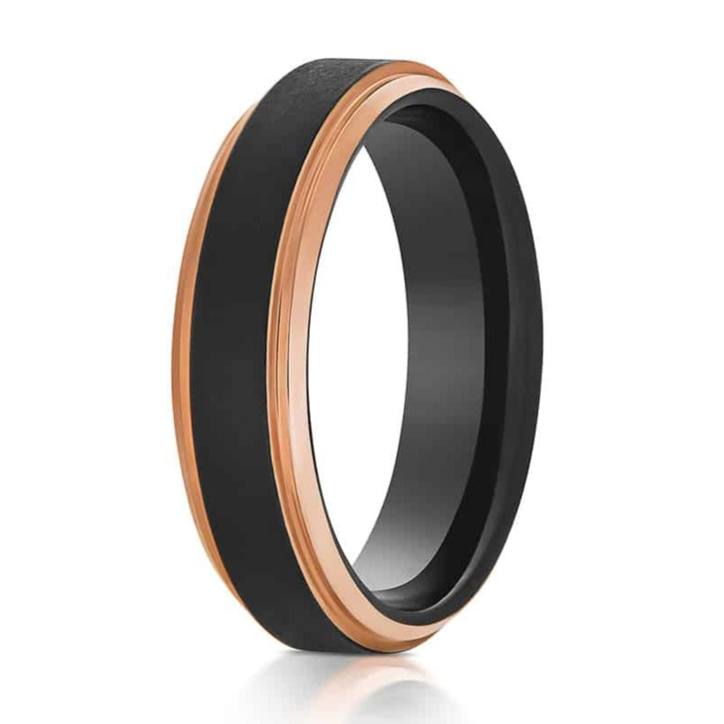 The Miner, a black and rose gold tungsten carbide scratch-resistant ring with a brushed center and polished beveled rose gold edges.