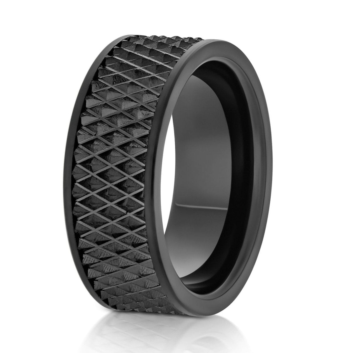 The Monarc, a 9mm black tungsten ring with a parallelogram design center textured finish and polished edges.
