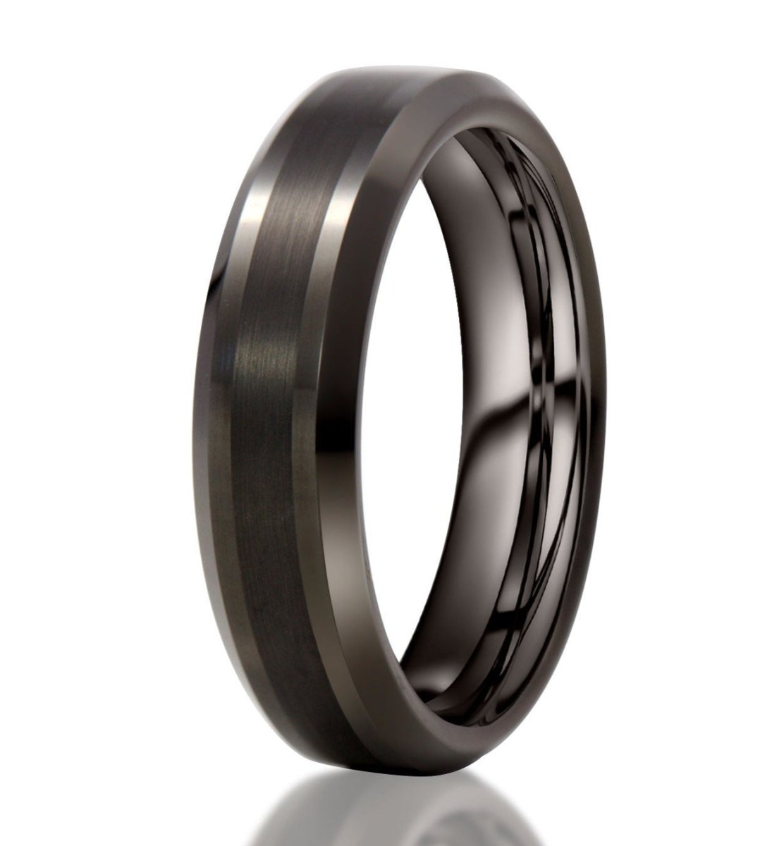 The Mr. Simple, a 6mm black tungsten carbide ring with a brushed center and sleek, polished edges and band.