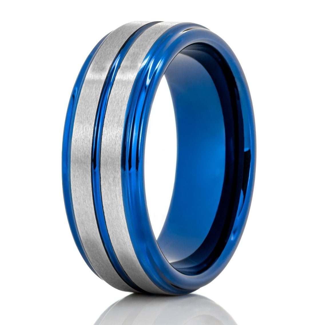 The Nara, a blue and silver tungsten carbide scratch-resistant ring with a brushed silver center and blue polished edges and band.