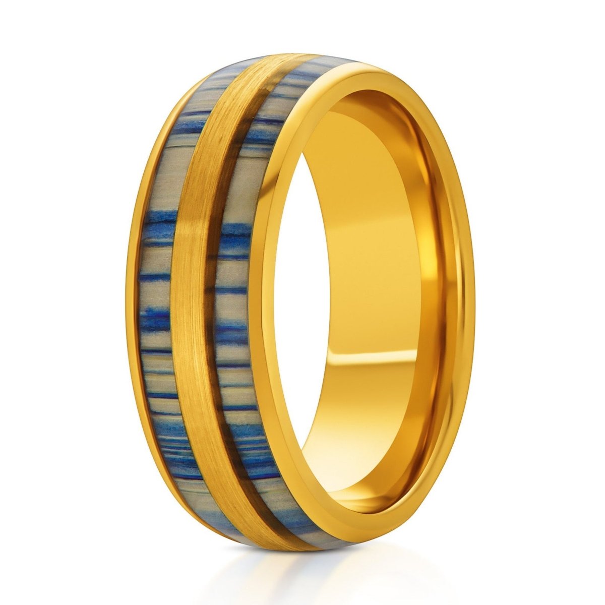 The Nautilus, a 8mm gold tungsten ring with a brushed center and polished edges that features a blue dyed bamboo inlay.