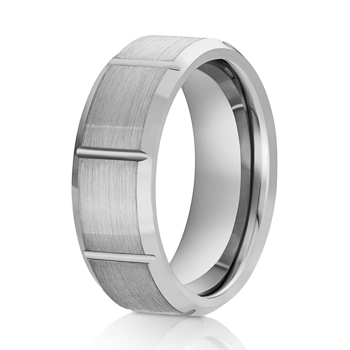 The Navigator, a 8mm silver tungsten ring with a brushed center and polished edges with grooves that run across the ring.