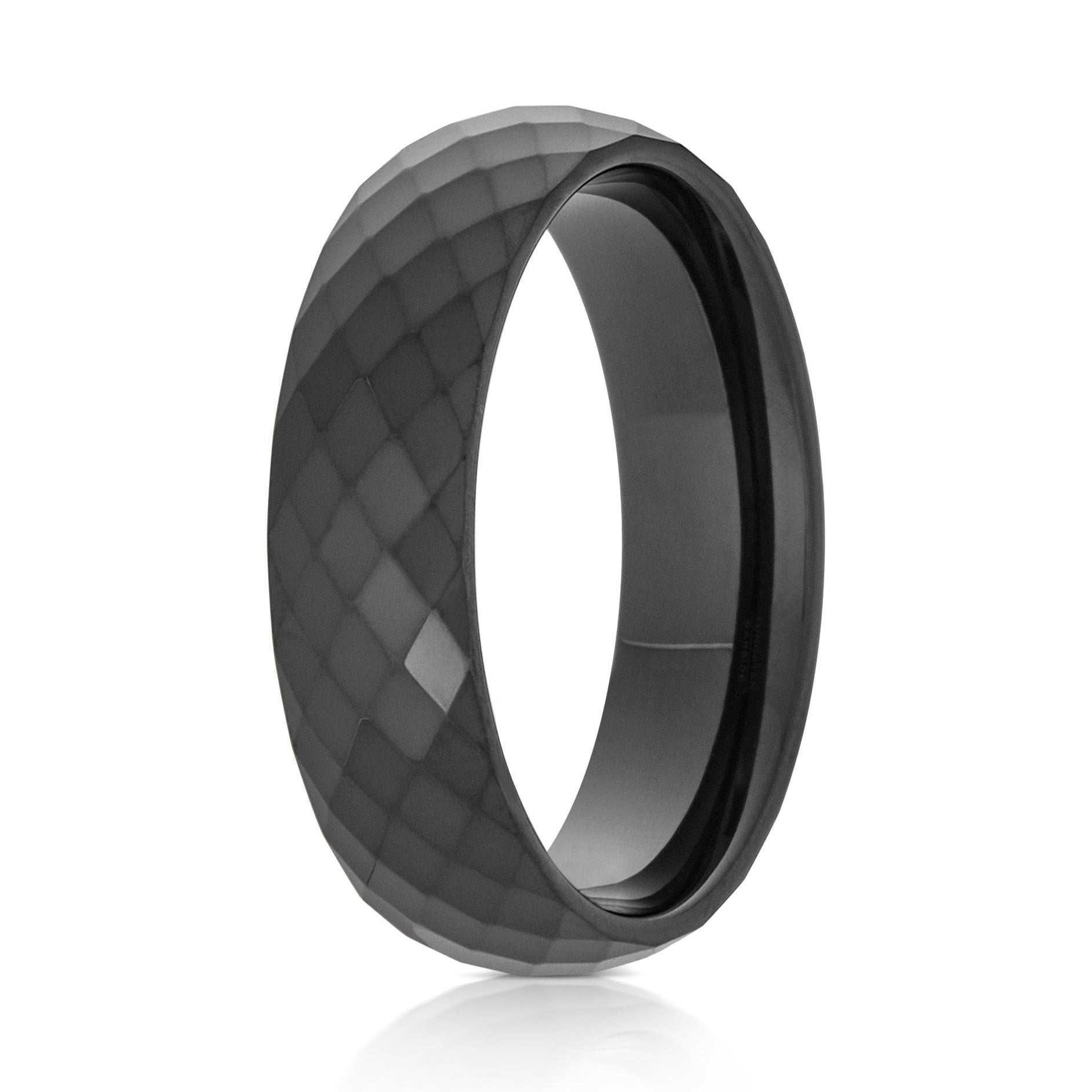 The Nightfall, a 6mm faceted and polished black tungsten carbide scratch-resistant ring with a polished band.