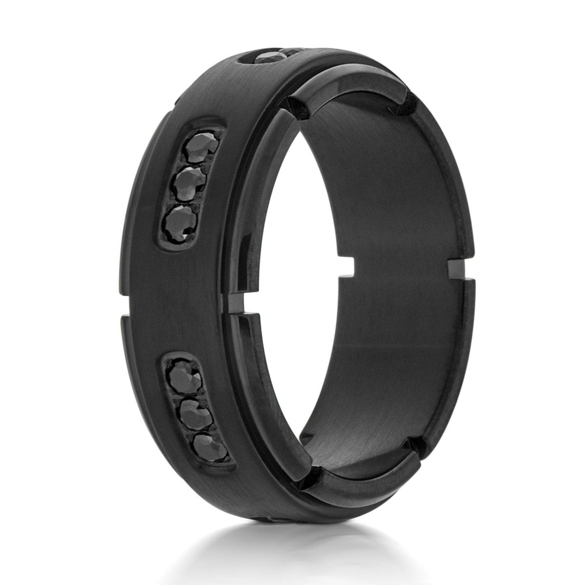 The Noctis, a 8mm black titanium ring with a brushed center and polished edges that features notches along the edges and black CZ diamonds in the center.