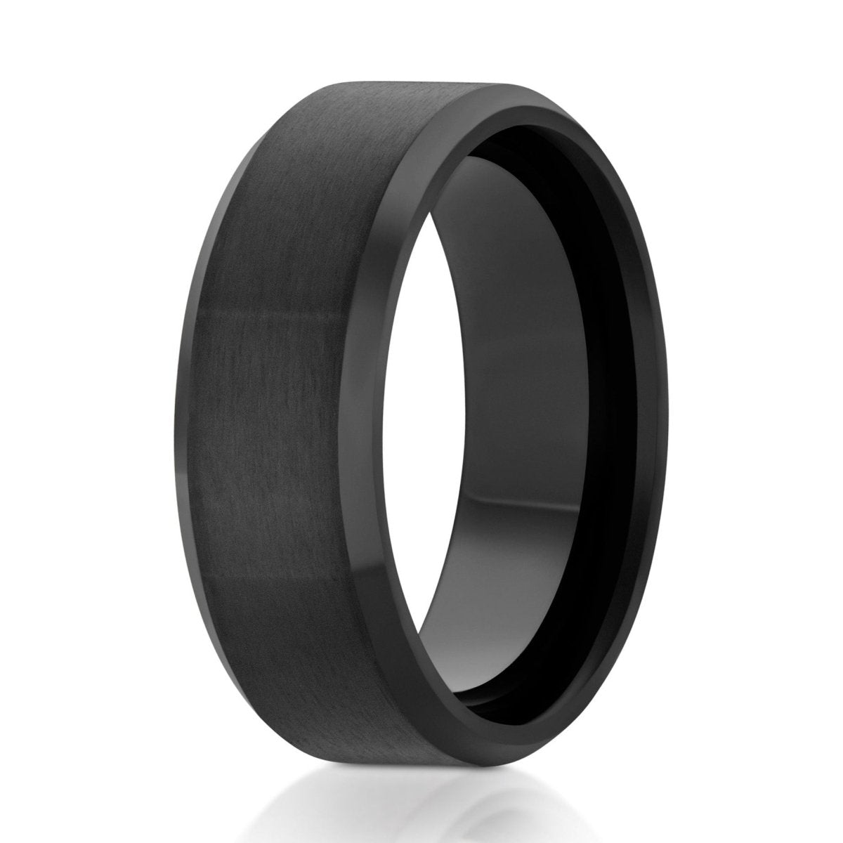 The Nocture, a 8mm silver titanium ring with a brushed center and polished beveled edges.