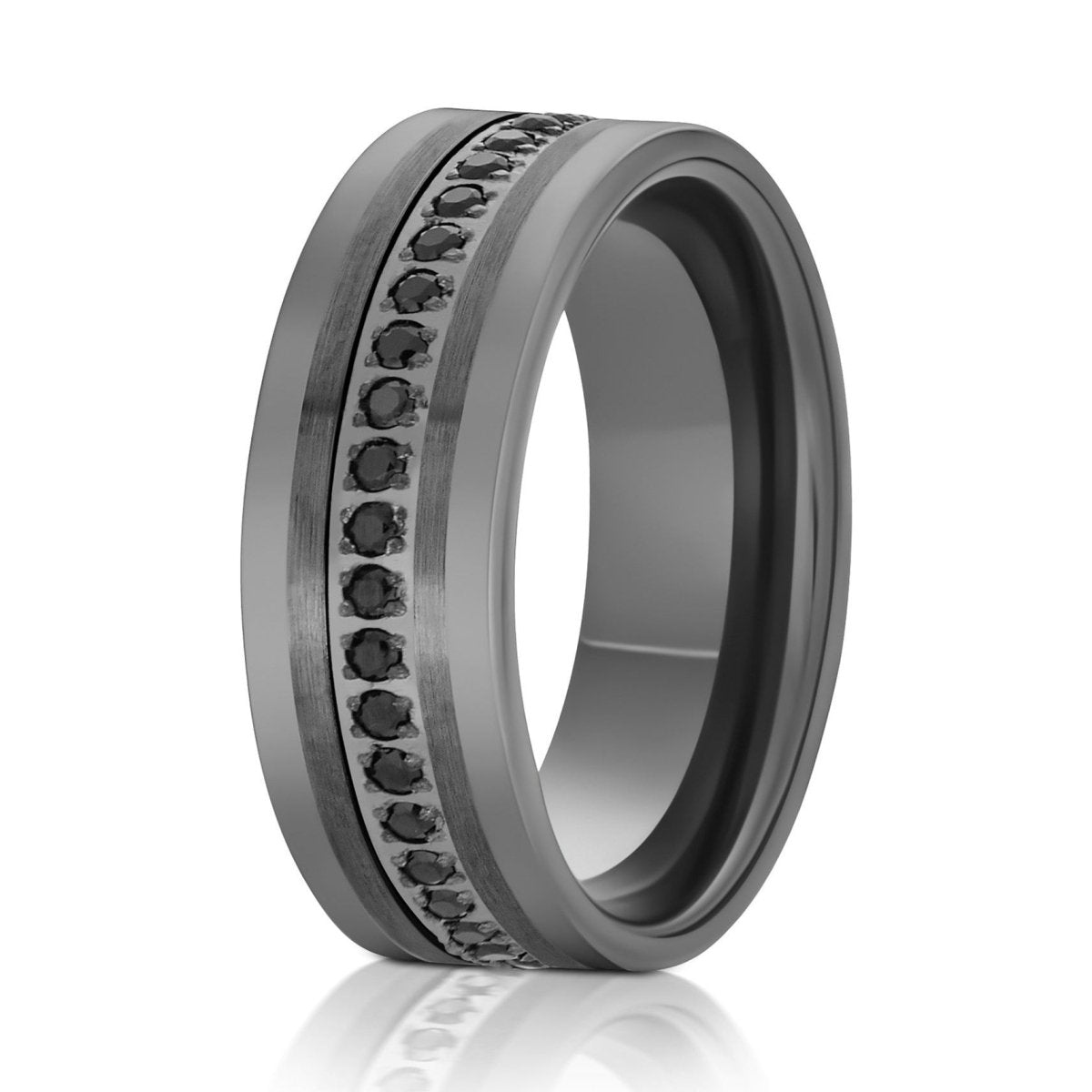The Noctyra, a 8mm gray tungsten ring with a polished finish and pipe cut design with a doubled brushed center with eternity black CZ diamonds in the center.