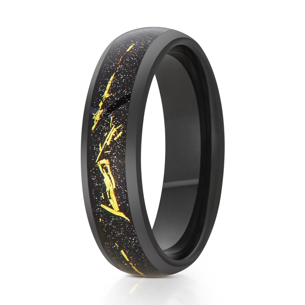 The Nova, a 6mm black tungsten ring with a polished finish and a black and yellow meteorite inlay in the center.