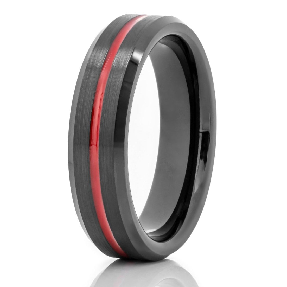 The Olis, a 6mm black tungsten carbide ring with a brushed center and polished edges and a red center groove.