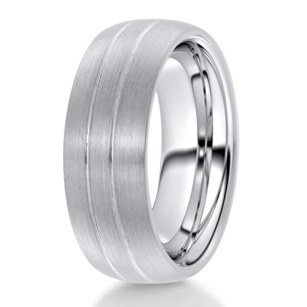 The Olympic, a brushed finished wedding band that features a doubled grooved center.