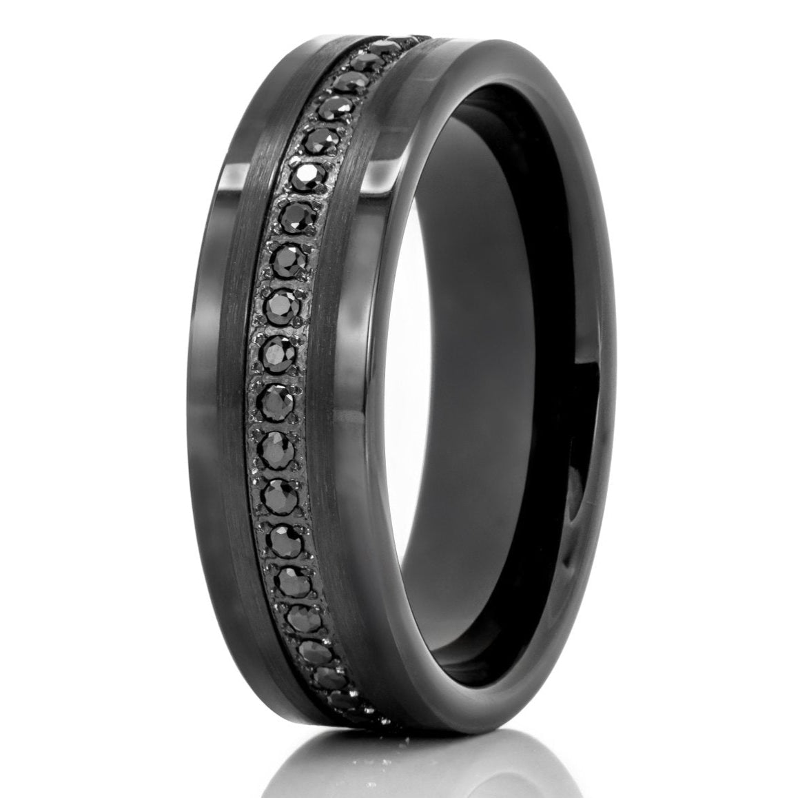 The Onyx, a black tungsten carbide scratch-resistant ring with a polished finish and brushed lines that features black CZ diamonds.
