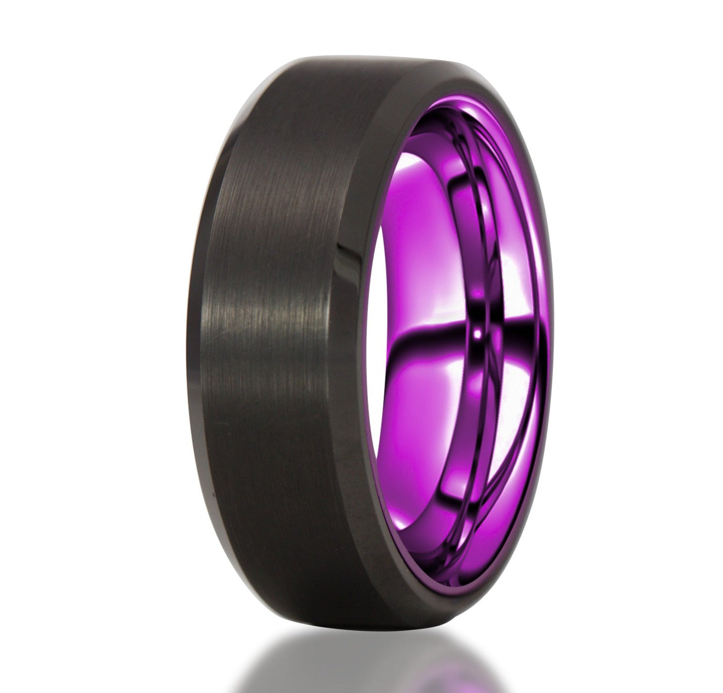 The Orchid, a black tungsten ring with a brushed center and polished edges that features a purple, aluminum inner sleeve.
