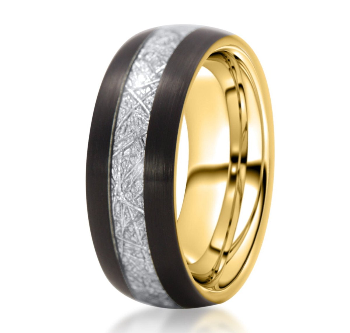 The Orion, a black tungsten ring with a brushed finish that features a silver meteorite polished center inlay and a polished rose gold band.