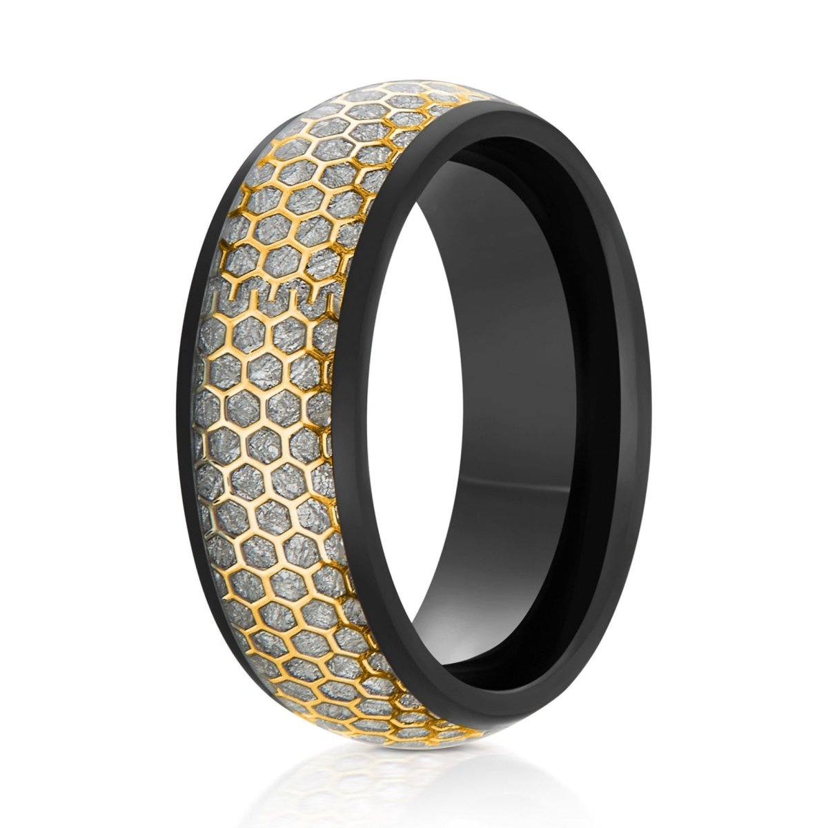 The Orion Hive, a 8mm black tungsten ring with a polished finish that features a gold honeycomb cut over a silver meteorite inlay in the center.